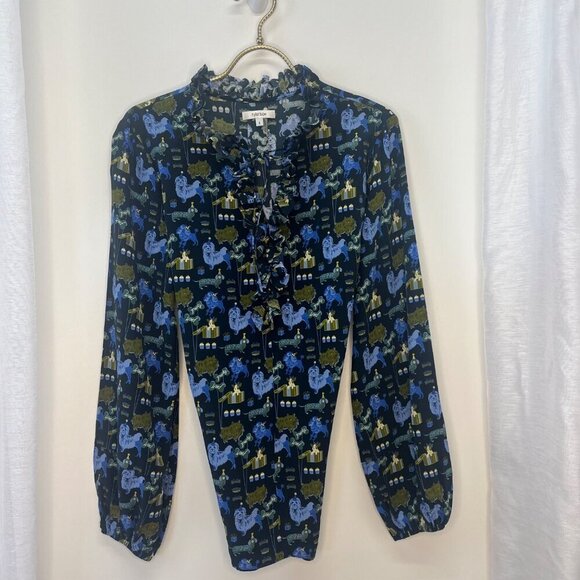 Tyler Boe Halprin Silk Shirt Woof Dog Party Print Ladies Size SMALL Novelty - Picture 3 of 7